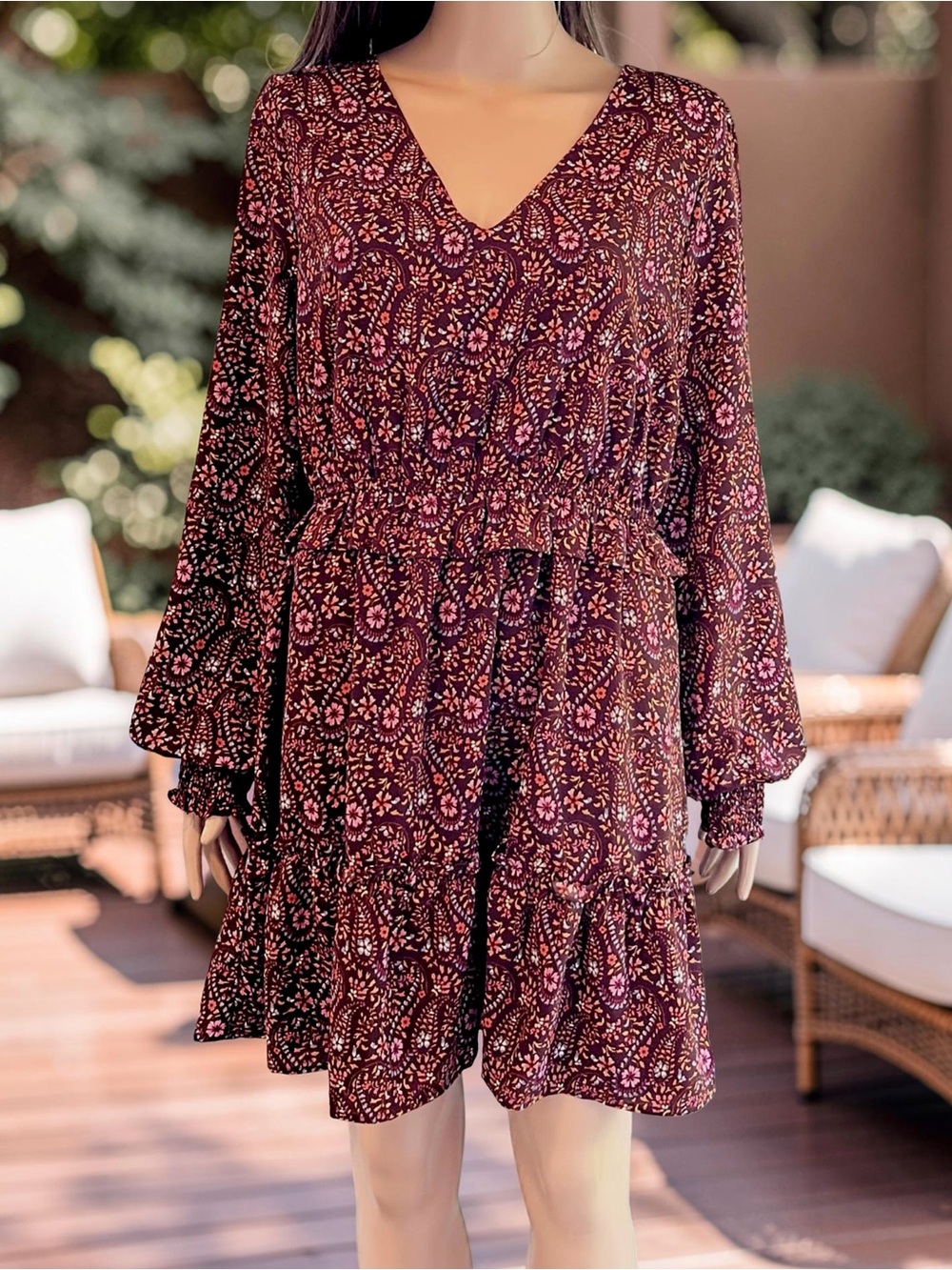 Skies Are Blue Boho Prairie Paisley Dress Size L Cottagecore Floral Brown Pink